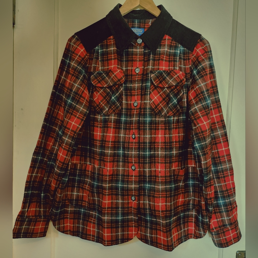 Pendleton Shacket Women's Large Wool Red Plaid with Black Corduroy detail